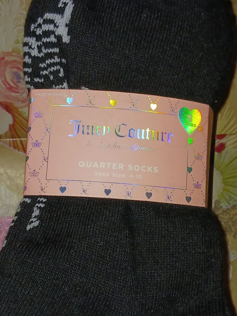 Juicy Couture Black & Pink Quarter Socks with Stripes & Logo Set of 8 Pairs